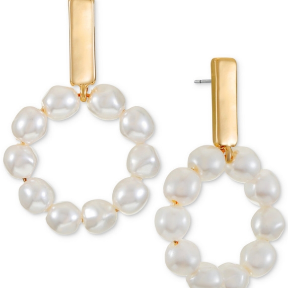 Alfani Gold-Tone Imitation Pearl Beaded Doorknocker Drop Earrings - Picture 2 of 5